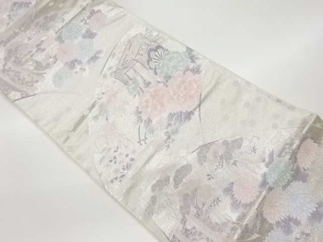 リサイクル　御所車に几帳・花々模様織出し袋帯